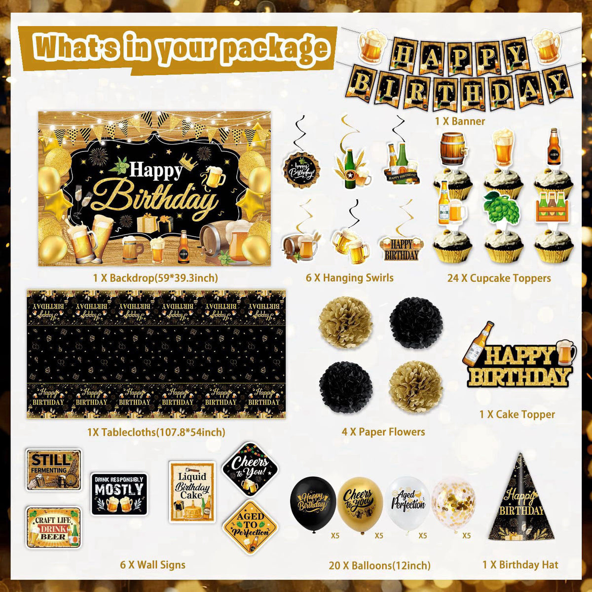 Mpanwen Beer Birthday Party Decorations, Beer Aged to Perfection Birthday Party Decorations Decor Supplies for Men - Bac