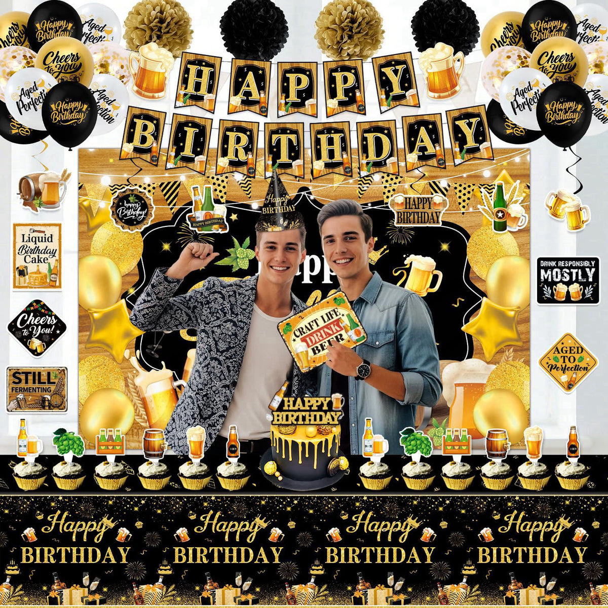 Mpanwen Beer Birthday Party Decorations, Beer Aged to Perfection Birthday Party Decorations Decor Supplies for Men - Bac