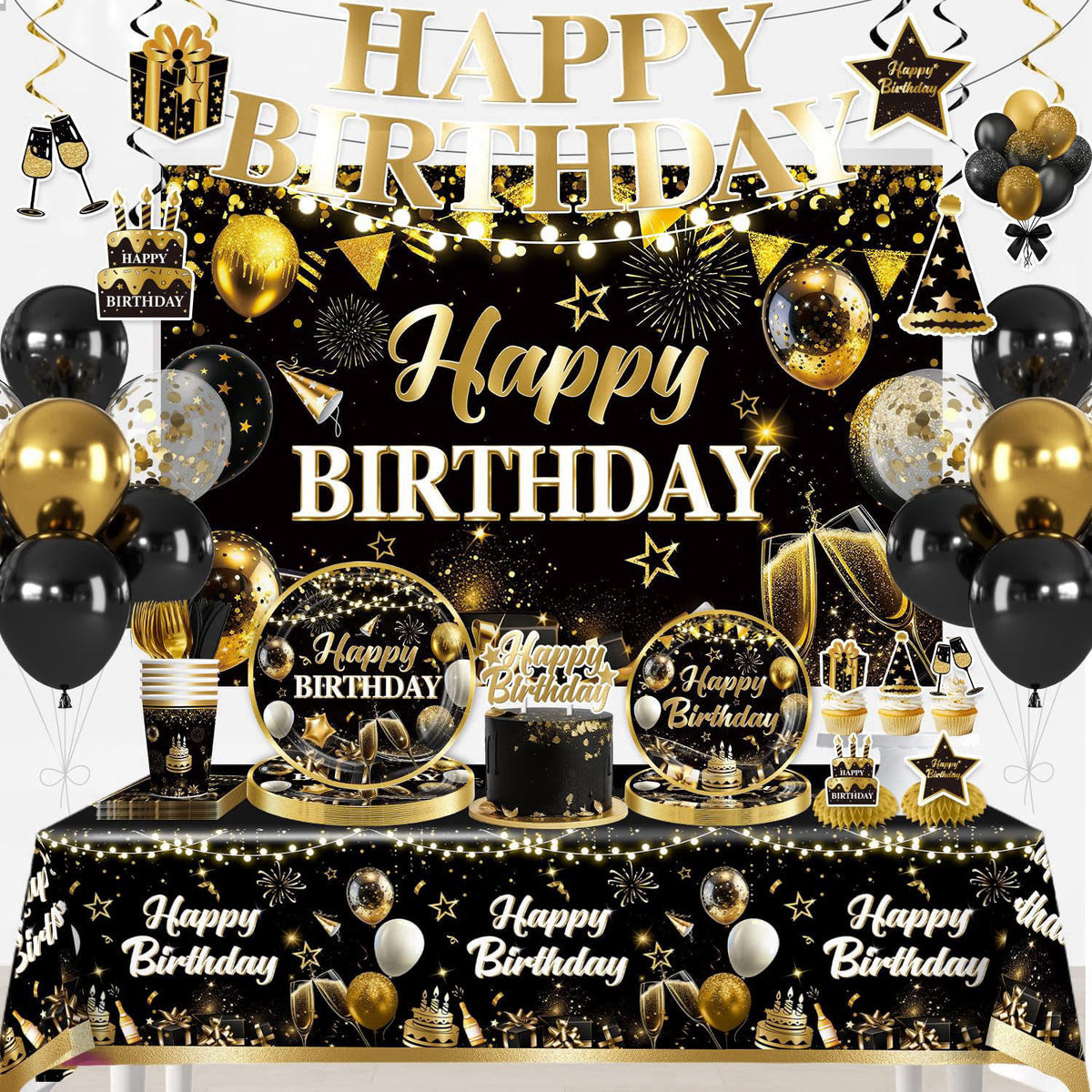 Yingoto 206pcs Black and Gold Birthday Decorations Men Set, for 25 Guests