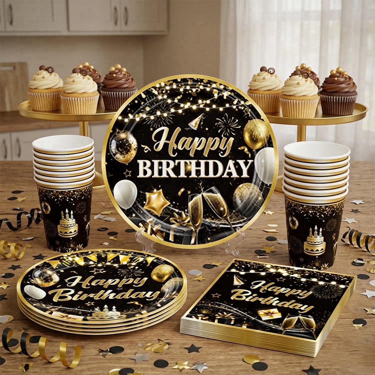 Yingoto 206pcs Black and Gold Birthday Decorations Men Set, for 25 Guests – close-up detail