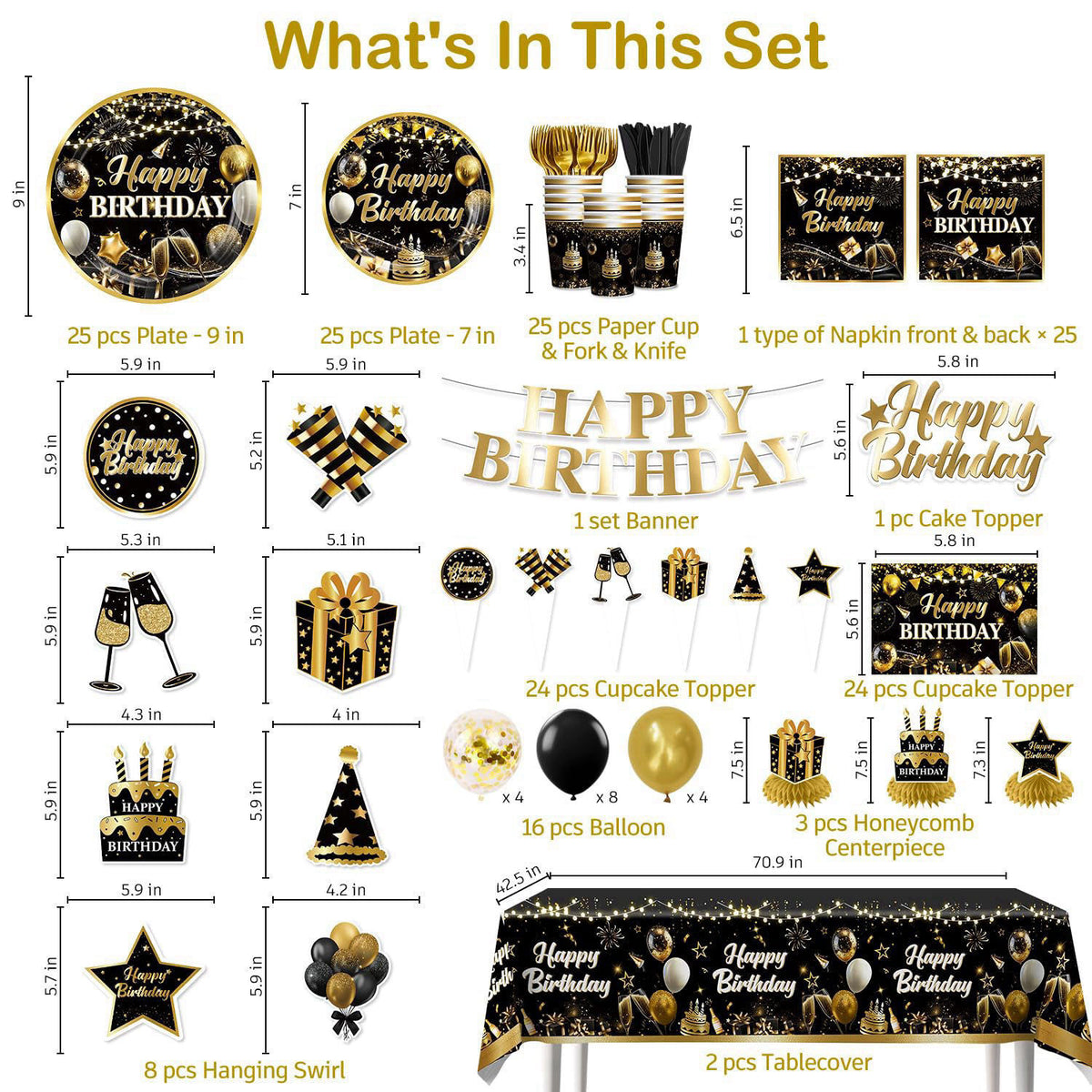 Yingoto 206pcs Black and Gold Birthday Decorations Men Set, for 25 Guests – packaging and label