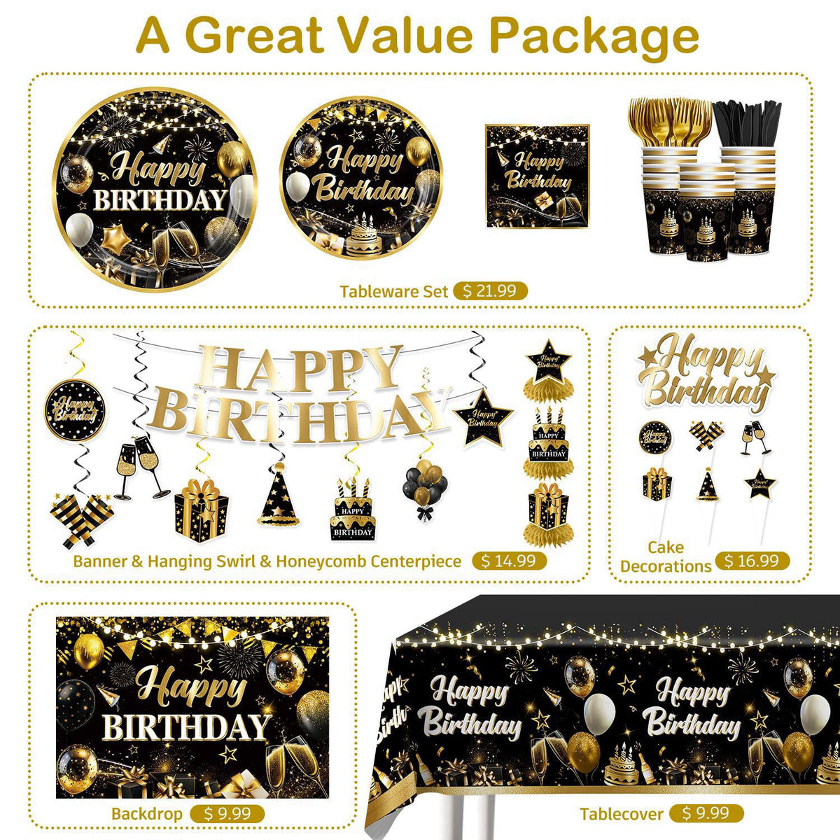Yingoto 206pcs Black and Gold Birthday Decorations Men Set, for 25 Guests – full view