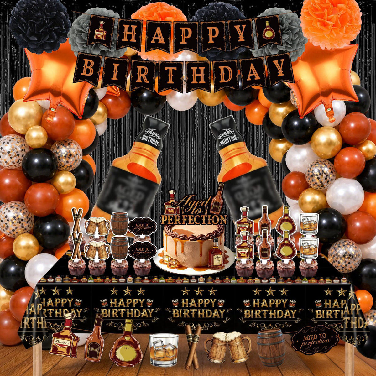 HandTool 109PCS Whiskey Birthday Party Decorations for Men, Aged to Perfection Party Supplies with Fringe Curtains, Late