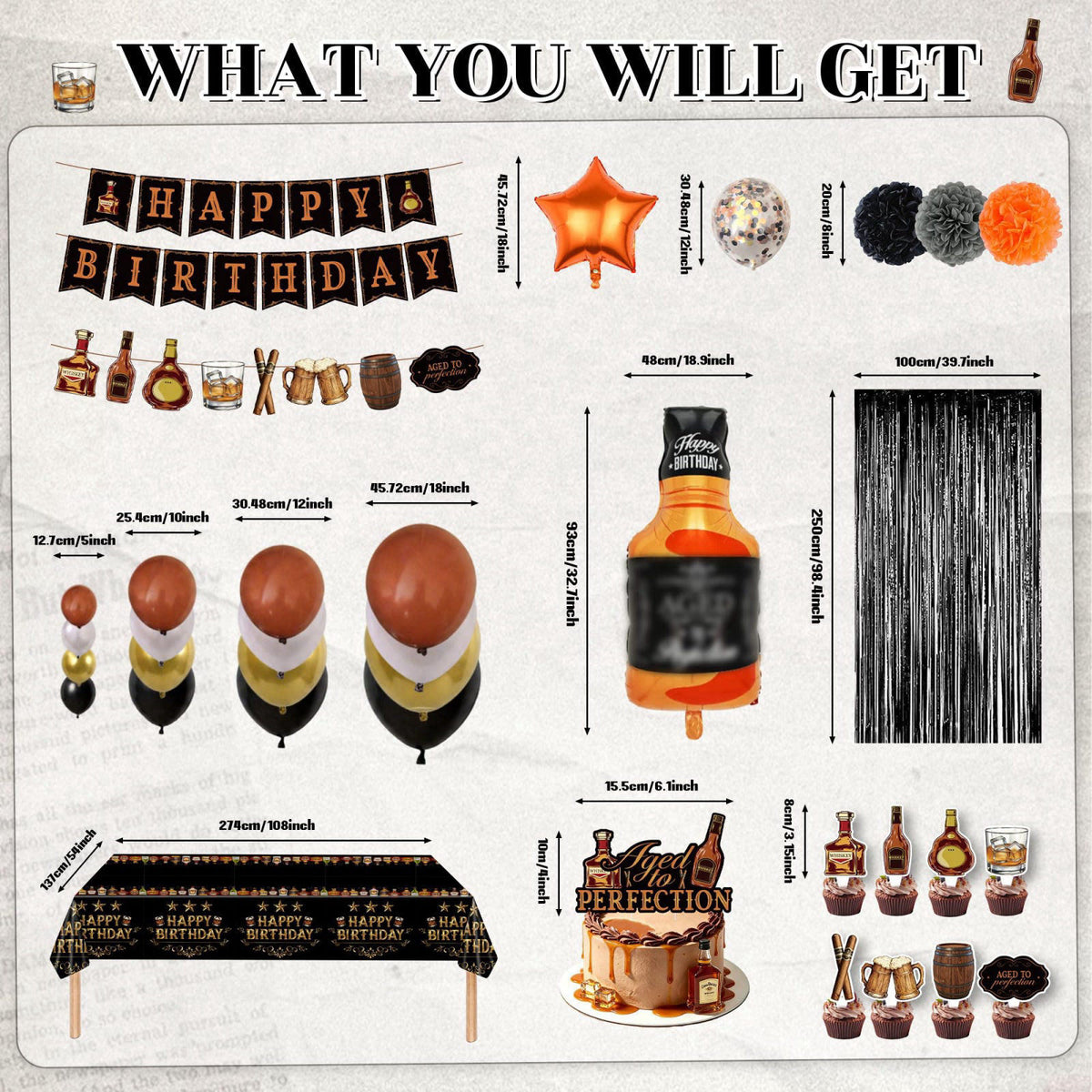 HandTool 109PCS Whiskey Birthday Party Decorations for Men, Aged to Perfection Party Supplies with Fringe Curtains, Late