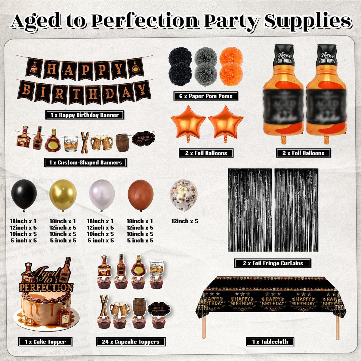 HandTool 109PCS Whiskey Birthday Party Decorations for Men, Aged to Perfection Party Supplies with Fringe Curtains, Late