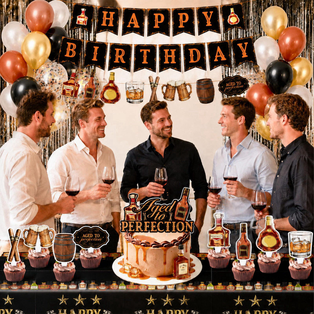 HandTool 109PCS Whiskey Birthday Party Decorations for Men, Aged to Perfection Party Supplies with Fringe Curtains, Late