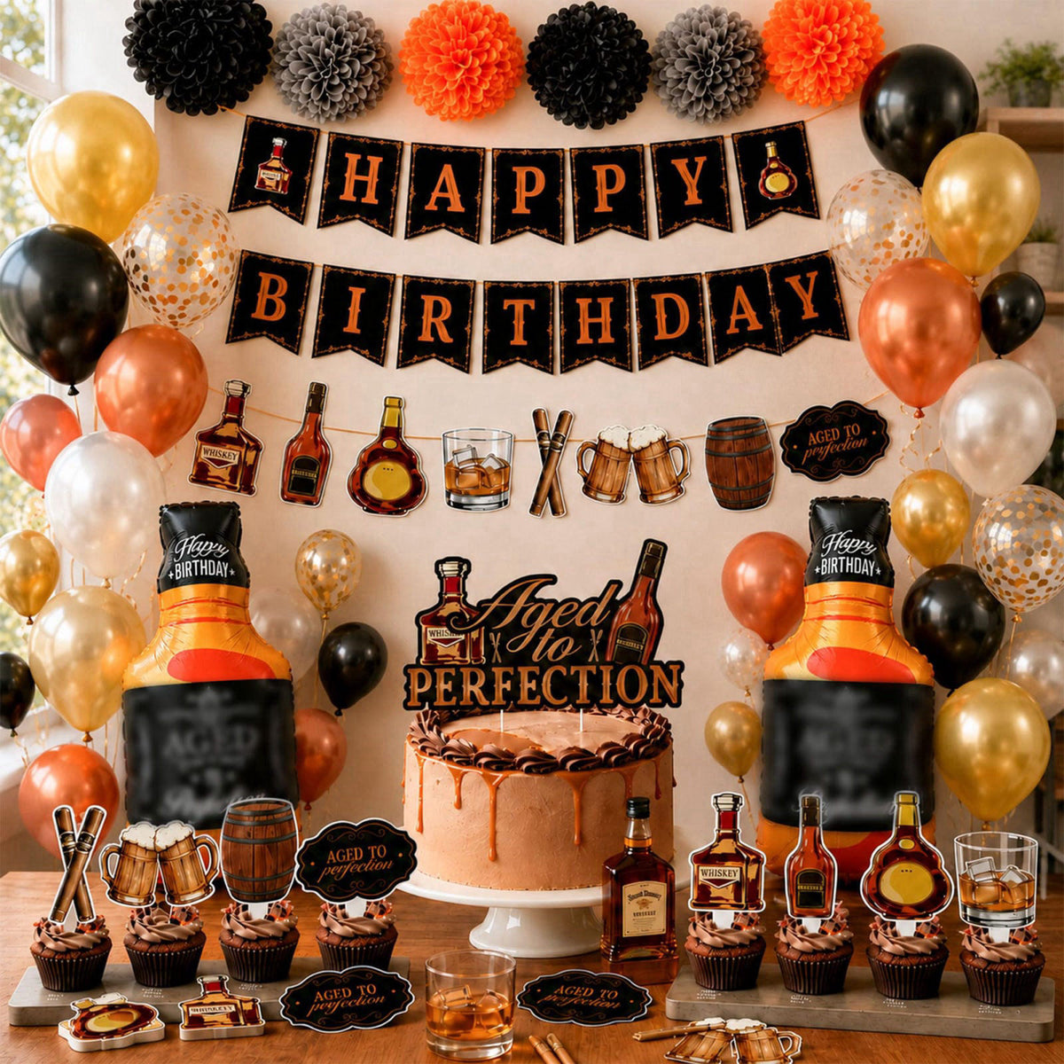 HandTool 109PCS Whiskey Birthday Party Decorations for Men, Aged to Perfection Party Supplies with Fringe Curtains, Late