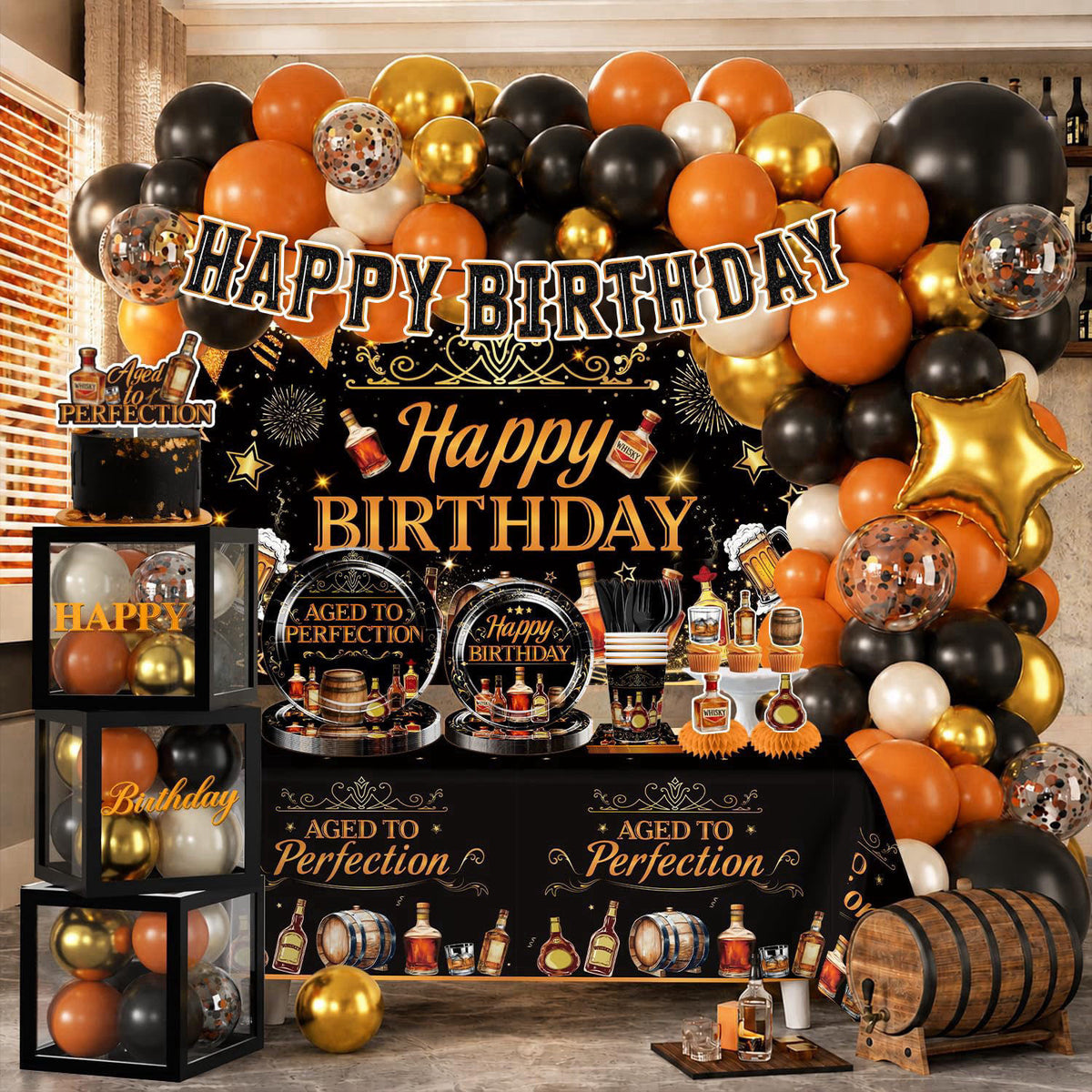 cocomigo 242 Pcs Aged to Perfection Birthday Decorations for Mens Birthday – packaging and label