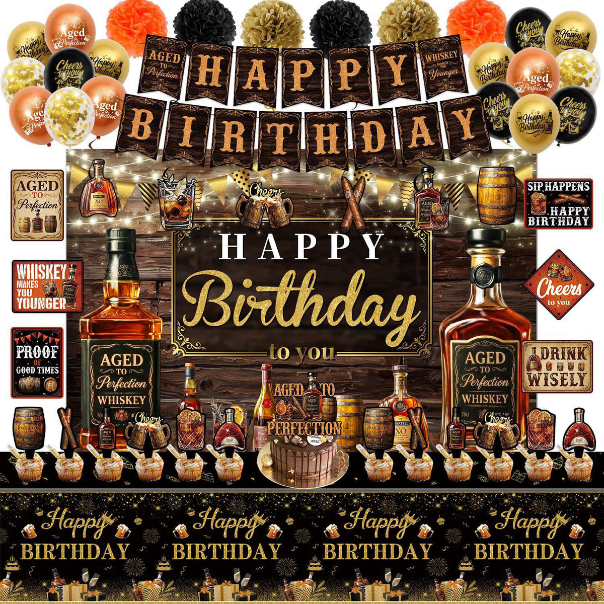 Mpanwen Whiskey Birthday Decorations for Men, Aged to Perfection Party Decorations Decor Supplies for Men Birthday - Bac
