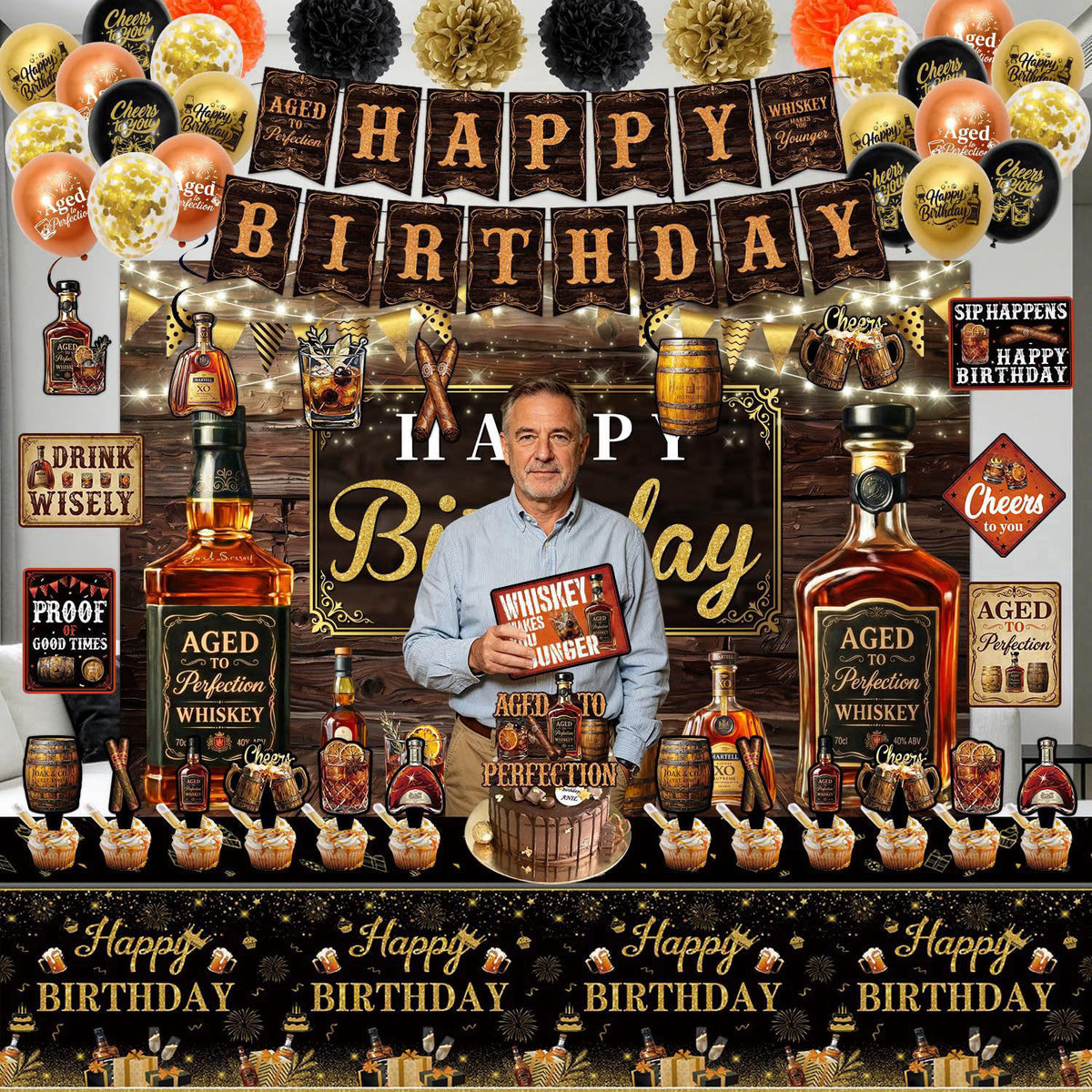 Mpanwen Whiskey Birthday Decorations for Men, Aged to Perfection Party Decorations Decor Supplies for Men Birthday - Bac