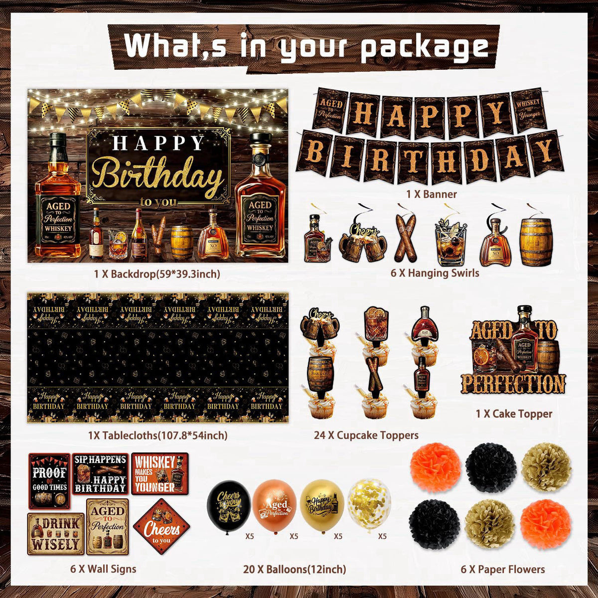 Mpanwen Whiskey Birthday Decorations for Men, Aged to Perfection Party Decorations Decor Supplies for Men Birthday - Bac