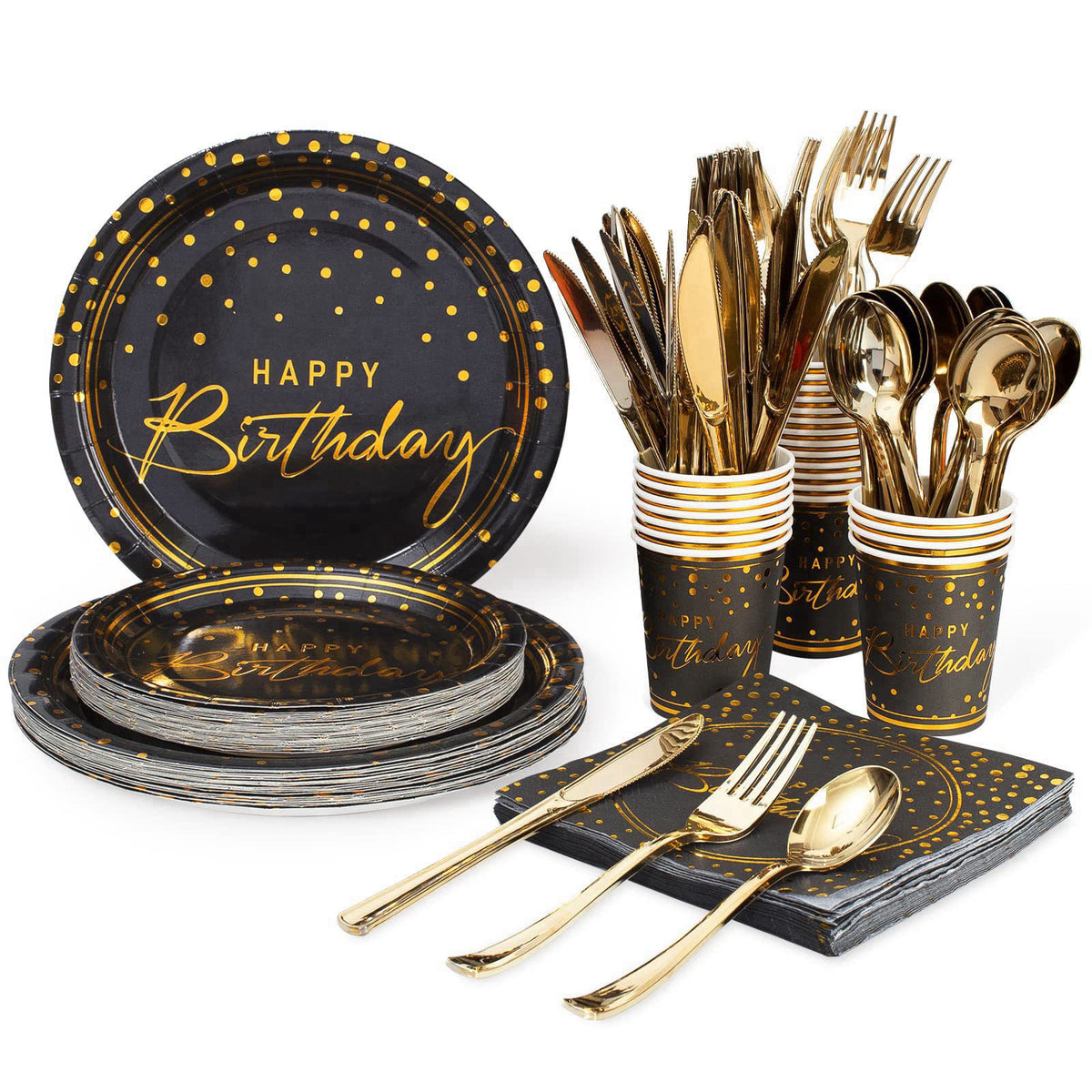Tyzarglef 175PCS Happy Birthday Disposable Dinnerware Set Party Supplies, Paper Black Gold Plates and Napkins with Gold 