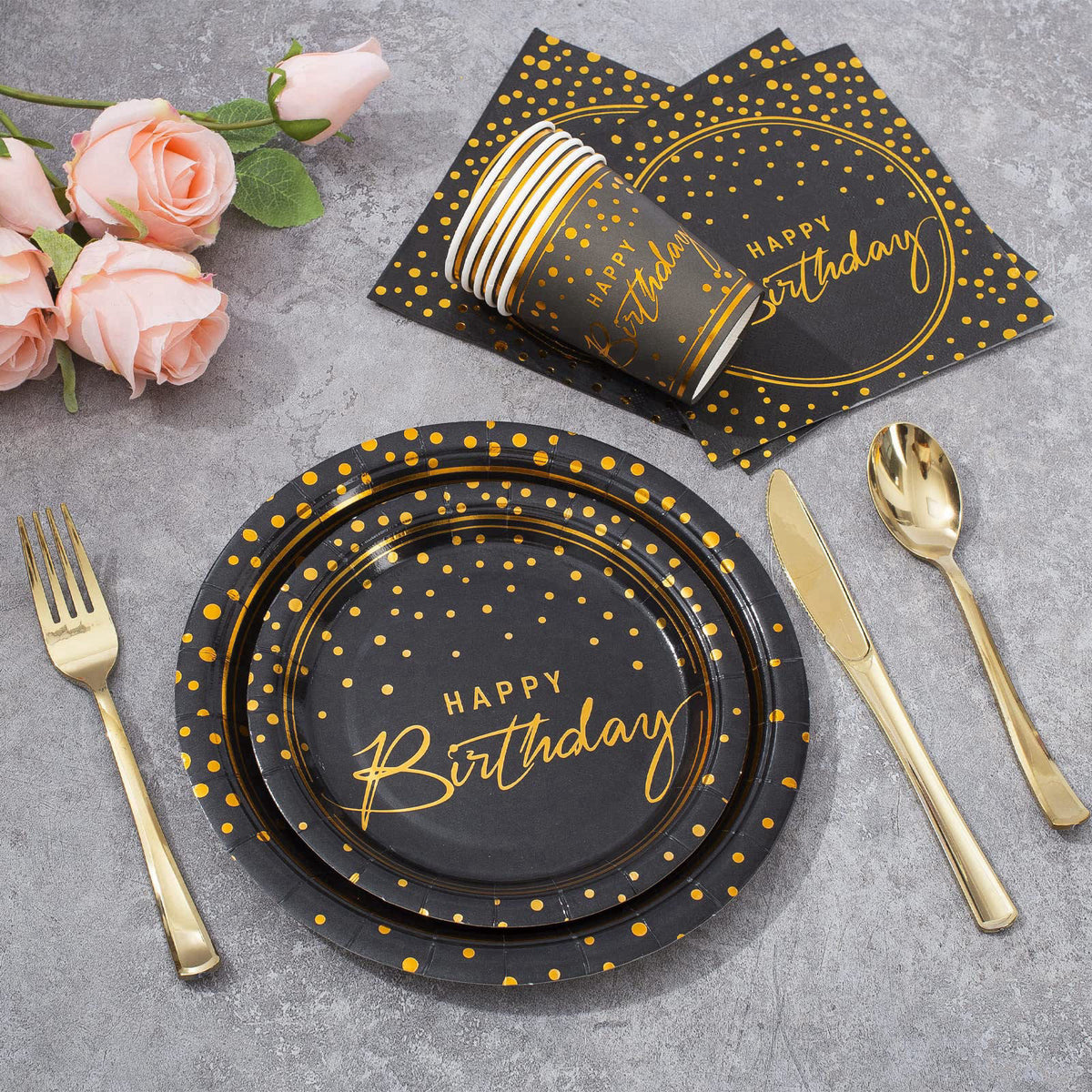 Tyzarglef 175PCS Happy Birthday Disposable Dinnerware Set Party Supplies, Paper Black Gold Plates and Napkins with Gold 