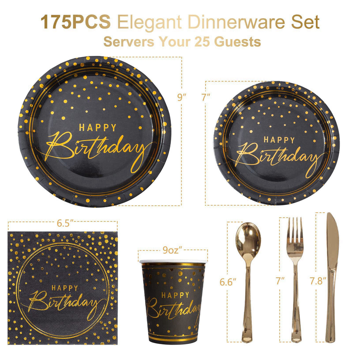 Tyzarglef 175PCS Happy Birthday Disposable Dinnerware Set Party Supplies, Paper Black Gold Plates and Napkins with Gold 