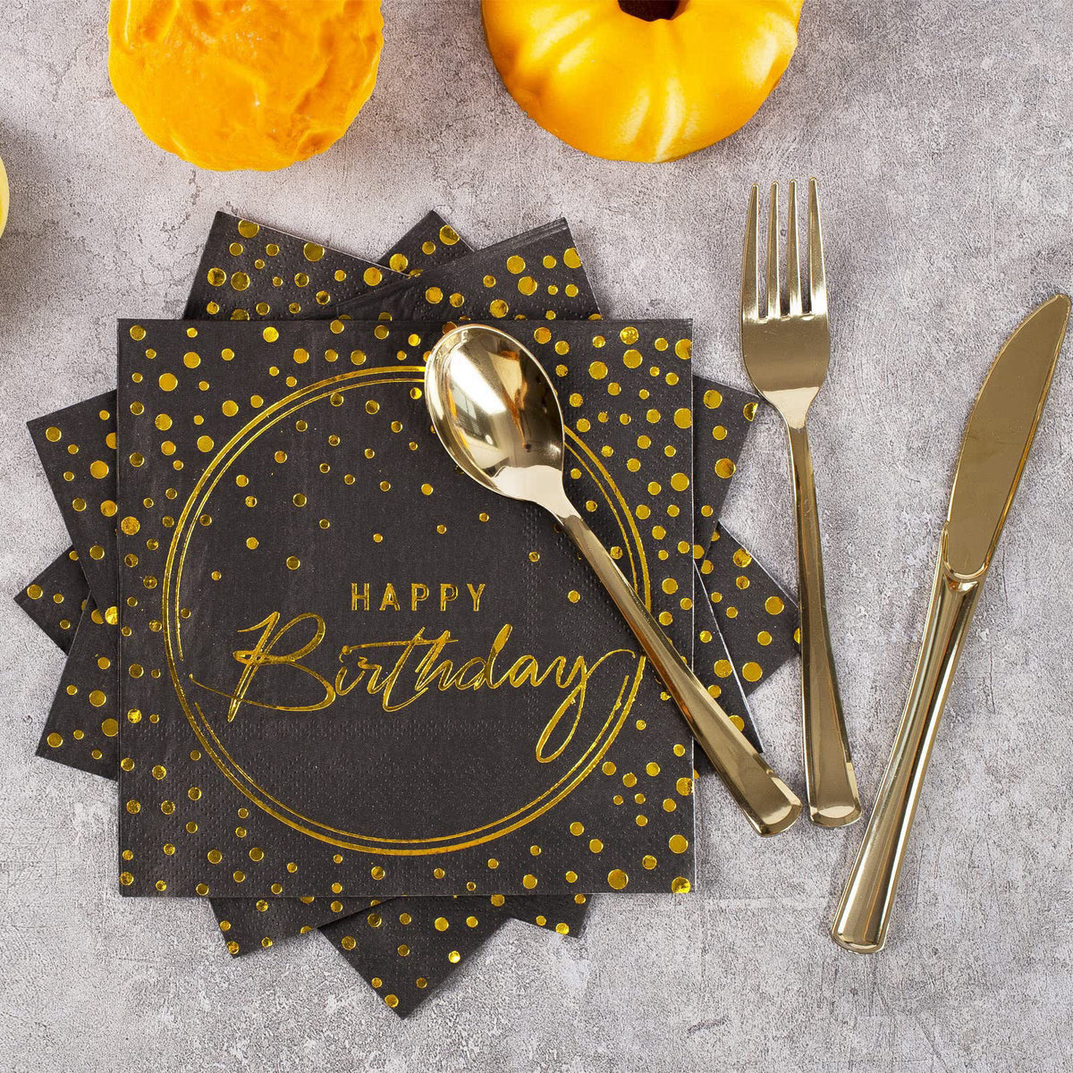 Tyzarglef 175PCS Happy Birthday Disposable Dinnerware Set Party Supplies, Paper Black Gold Plates and Napkins with Gold 