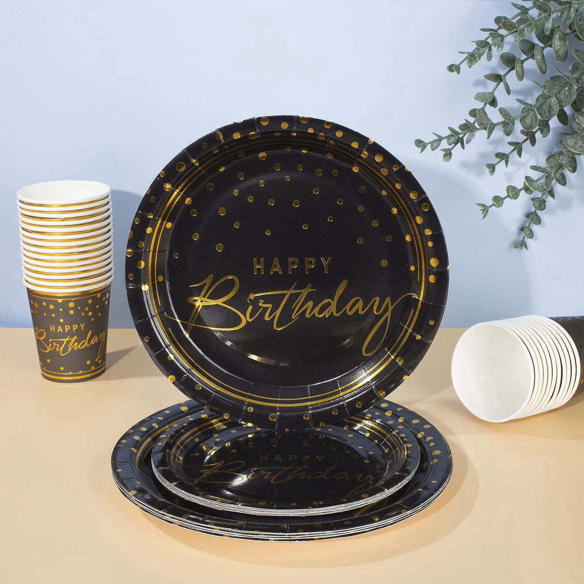 Tyzarglef 175PCS Happy Birthday Disposable Dinnerware Set Party Supplies, Paper Black Gold Plates and Napkins with Gold 