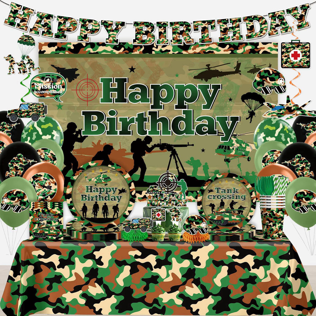 198Pcs Yingoto Army Birthday Party Decorations Tableware Set, Serves 25