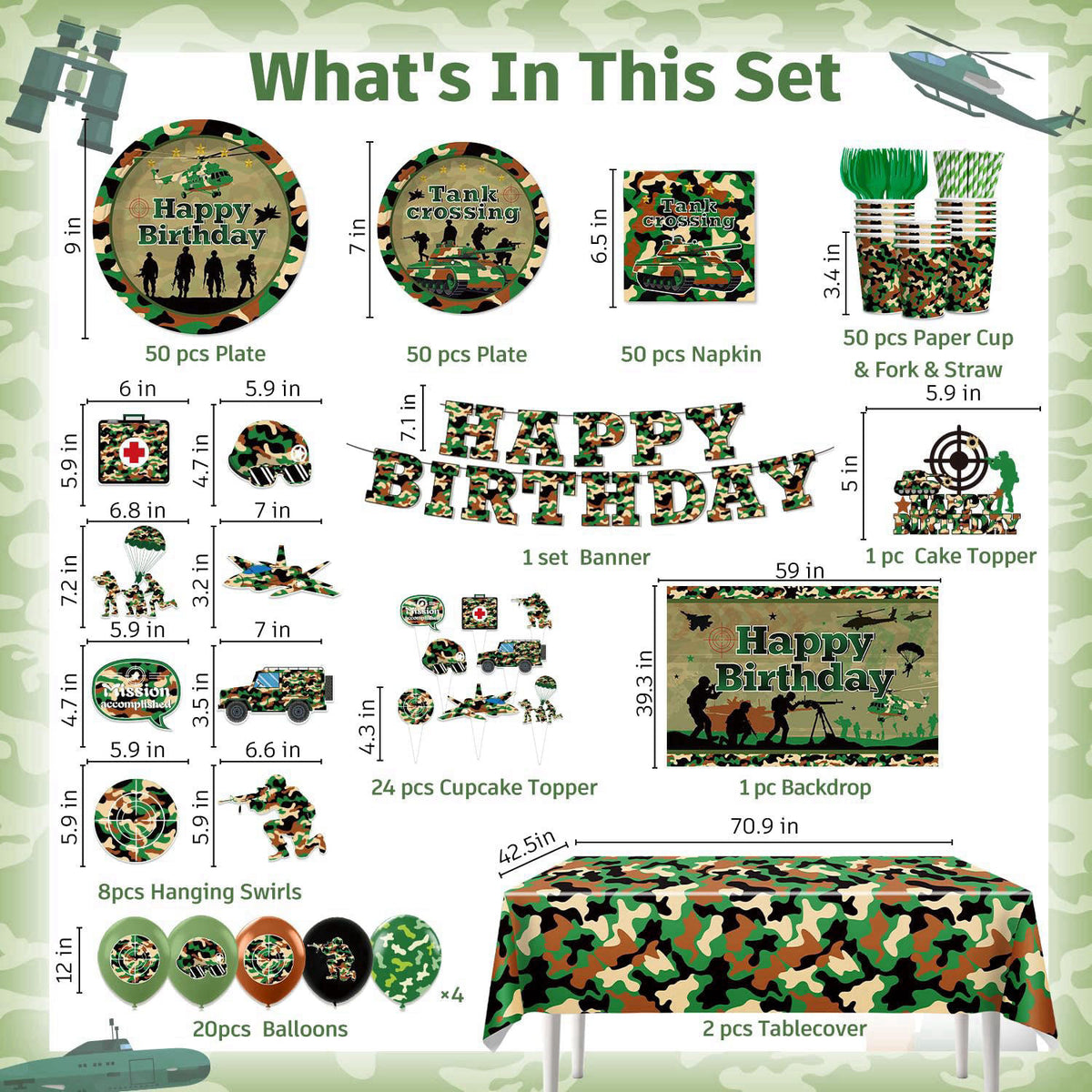 198Pcs Yingoto Army Birthday Party Decorations Tableware Set, Serves 25 – packaging and label