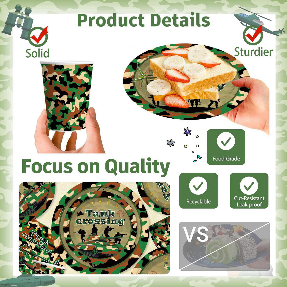 198Pcs Yingoto Army Birthday Party Decorations Tableware Set, Serves 25 – back view and specifications