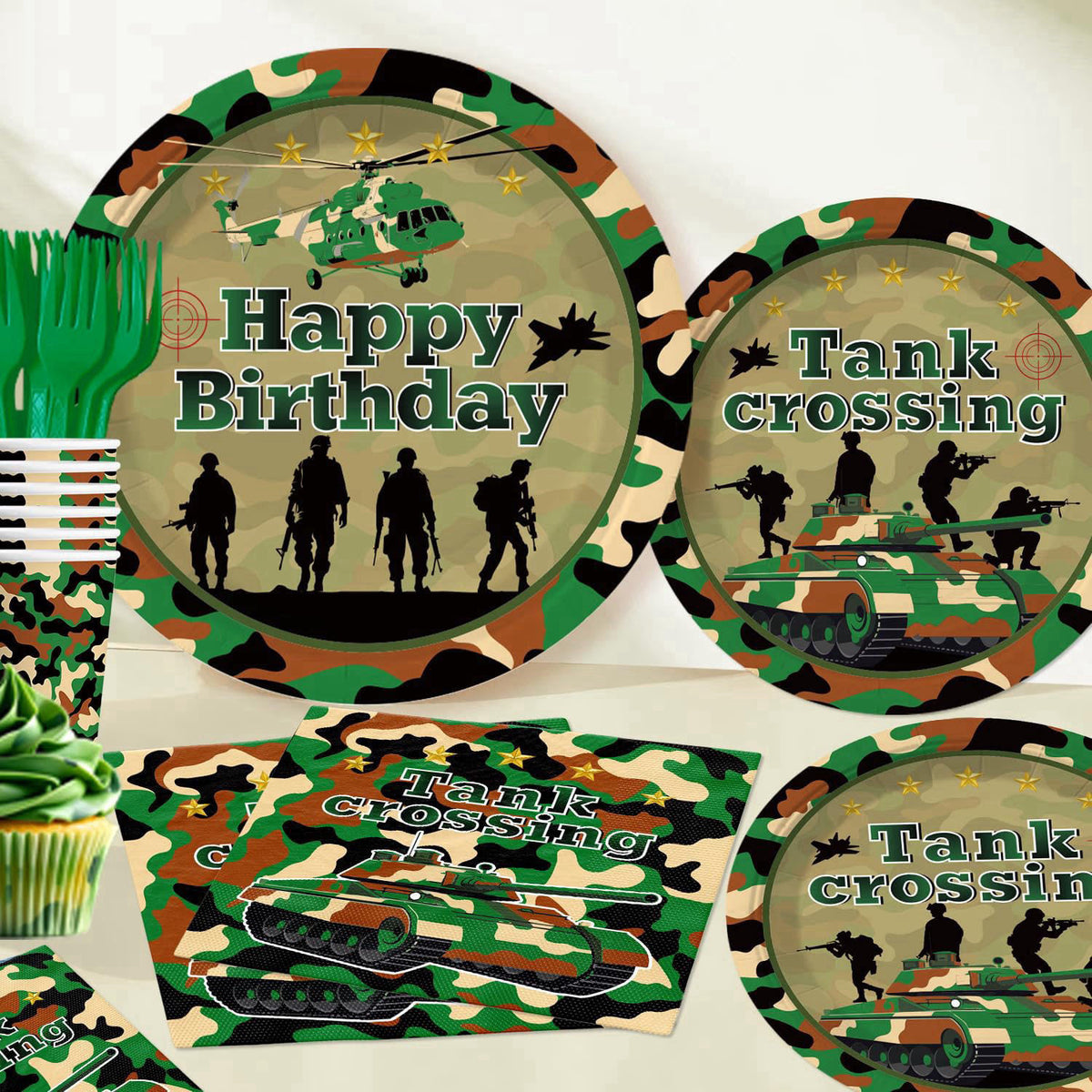 198Pcs Yingoto Army Birthday Party Decorations Tableware Set, Serves 25 – alternate angle