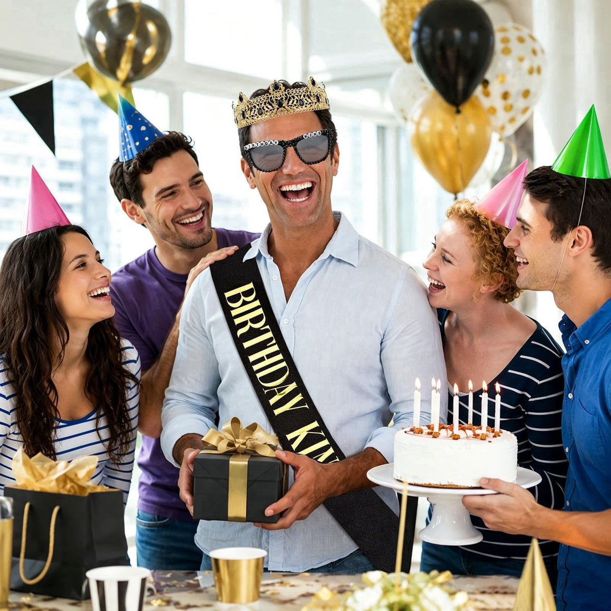Bryophasic Birthday Decorations for Men, 3Pcs Party Decor Supplies King Crown and Sash Glasses Accessories for Man – pac