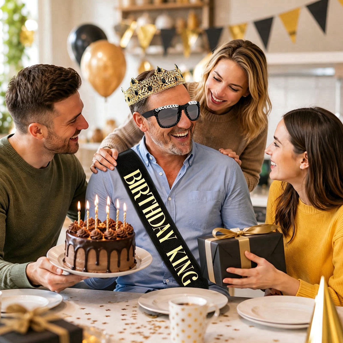 Bryophasic Birthday Decorations for Men, 3Pcs Party Decor Supplies King Crown and Sash Glasses Accessories for Man – ful