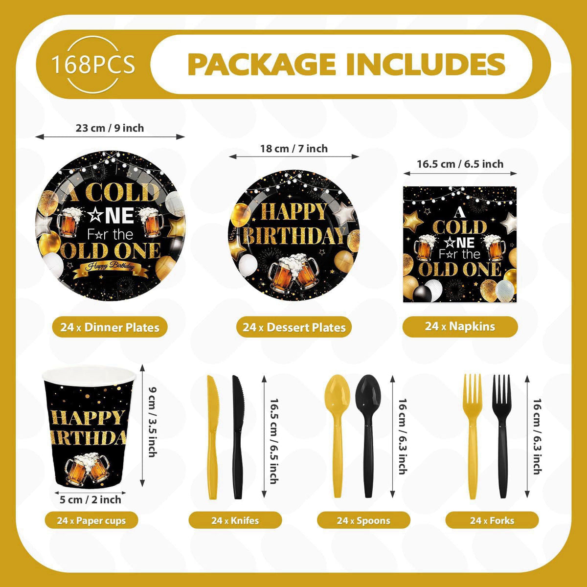 Greencian 168Pcs A Cold One for The Old One Party Decorations, Serves 24 – packaging and label