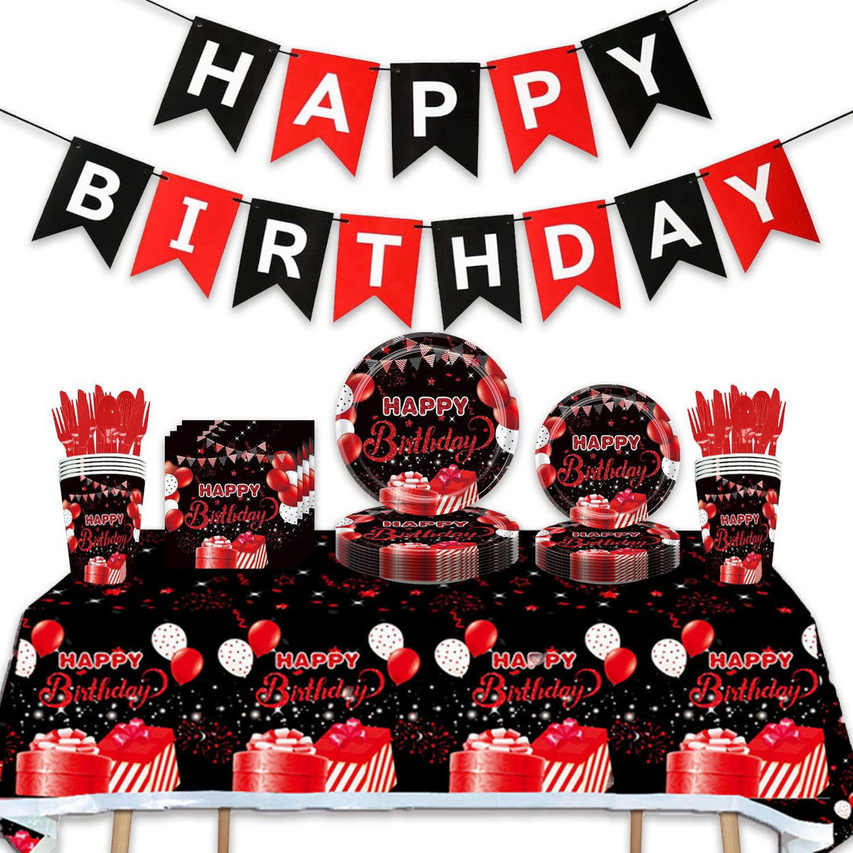 Esyzpesai 142Pcs Red and Black Birthday Party Tableware Set Inculde Plates Napkins Knives Forks Spoons Cups Banner and T