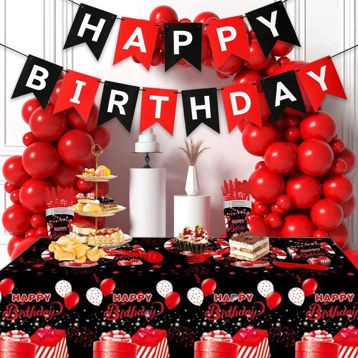 Esyzpesai 142Pcs Red and Black Birthday Party Tableware Set Inculde Plates Napkins Knives Forks Spoons Cups Banner and T