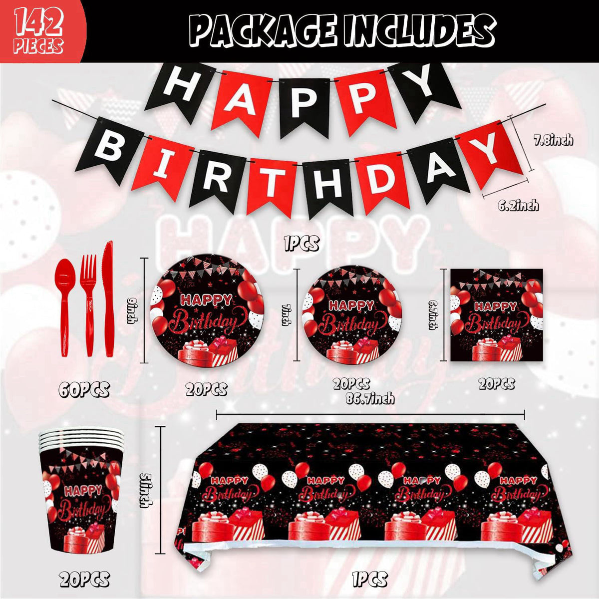 Esyzpesai 142Pcs Red and Black Birthday Party Tableware Set Inculde Plates Napkins Knives Forks Spoons Cups Banner and T