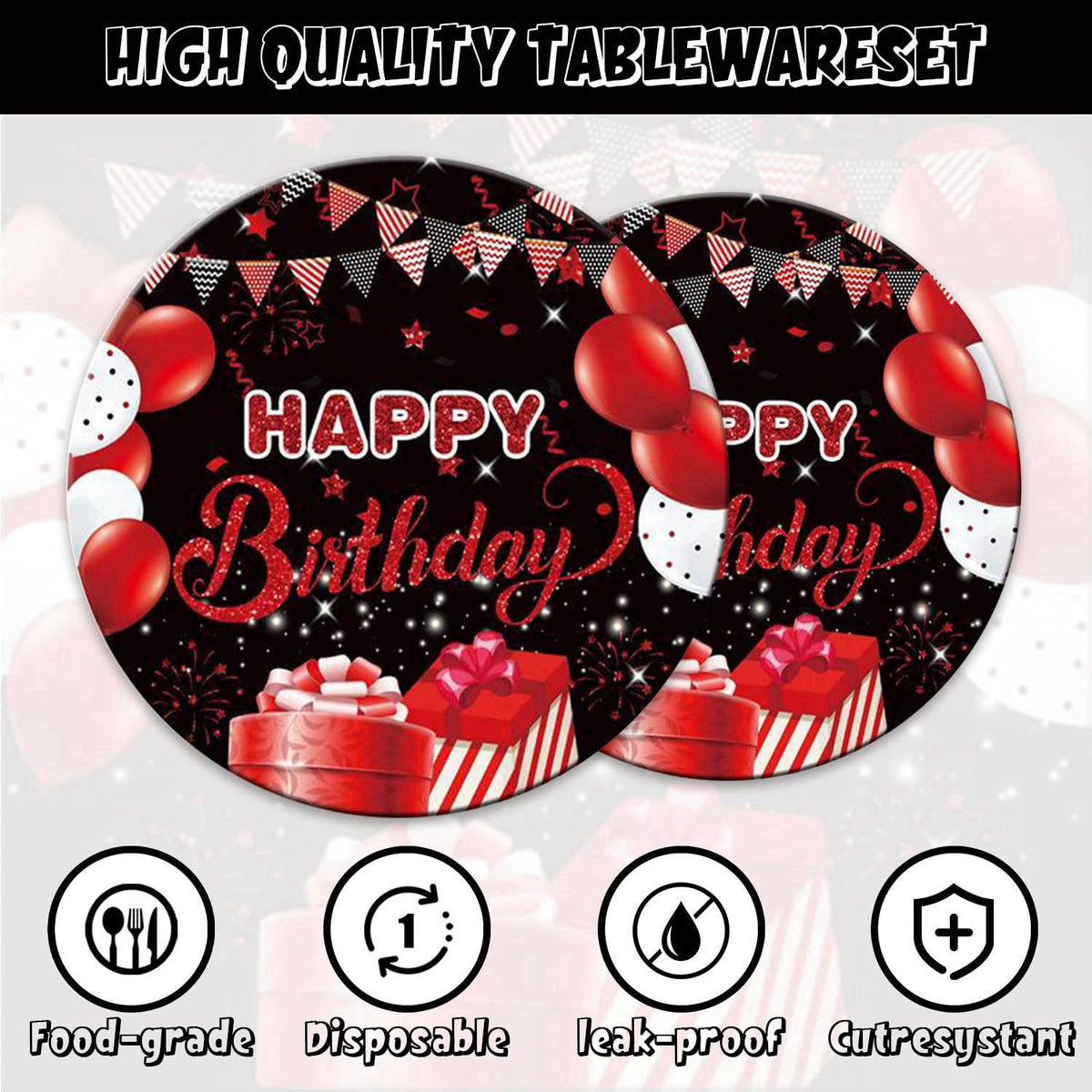 Esyzpesai 142Pcs Red and Black Birthday Party Tableware Set Inculde Plates Napkins Knives Forks Spoons Cups Banner and T
