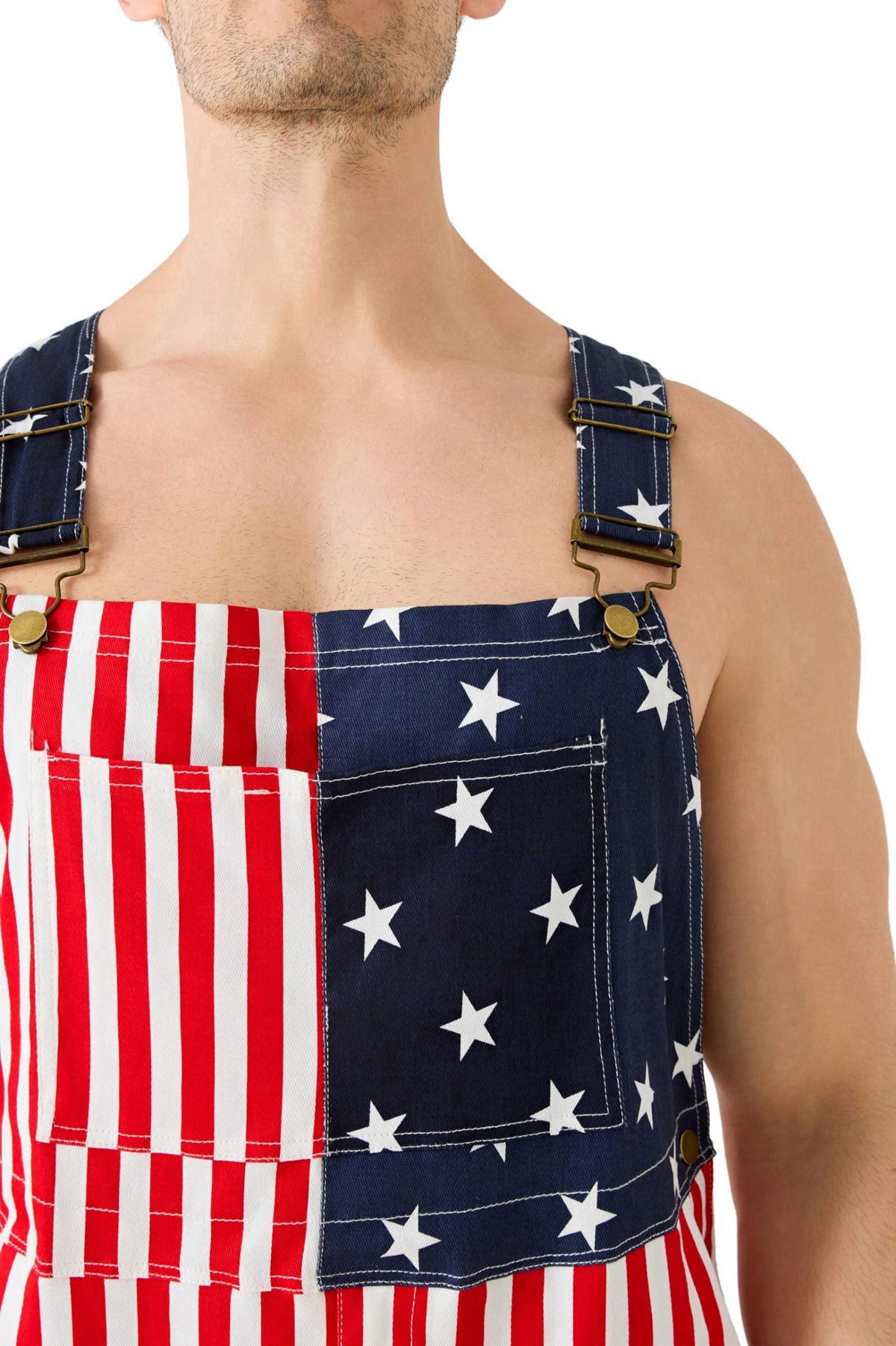 Maxim Party Supplies American Flag Overalls for Men, USA Stars & Stripes Bib Jumpsuit, 5 Pockets – full view, size Chest