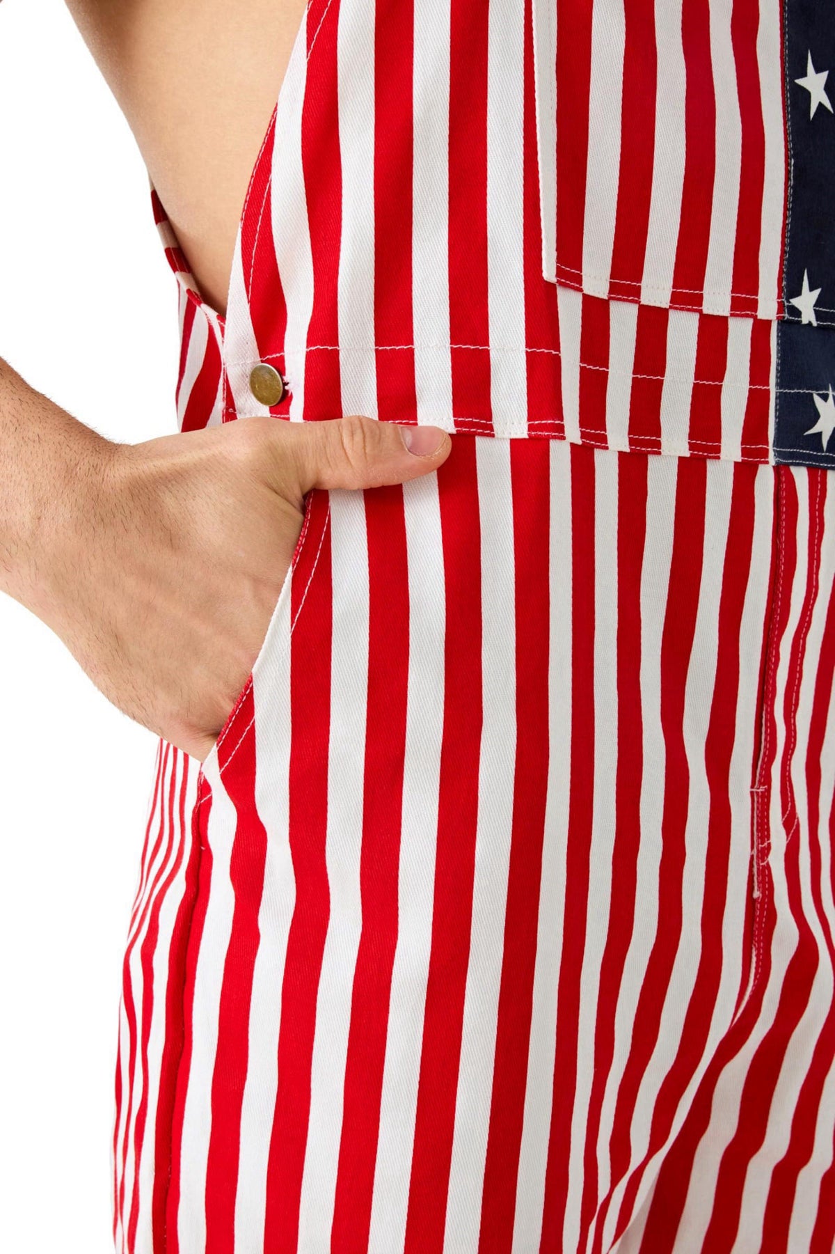 Maxim Party Supplies American Flag Overalls for Men, USA Stars & Stripes Bib Jumpsuit, 5 Pockets – back view and specifi
