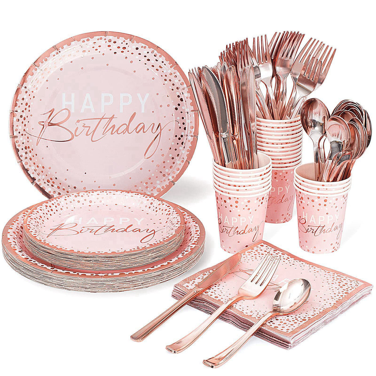 Tyzarglef 175PCS Pink and Rose Gold Birthday Paper Plates Dinnerware Set, Serve 25 – product photo (Plates)