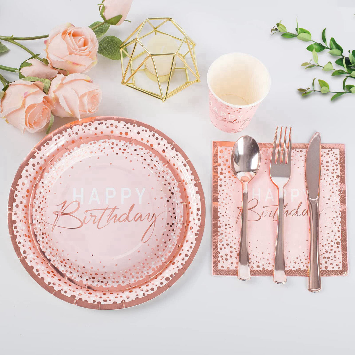 Tyzarglef 175PCS Pink and Rose Gold Birthday Paper Plates Dinnerware Set, Serve 25 – close-up detail