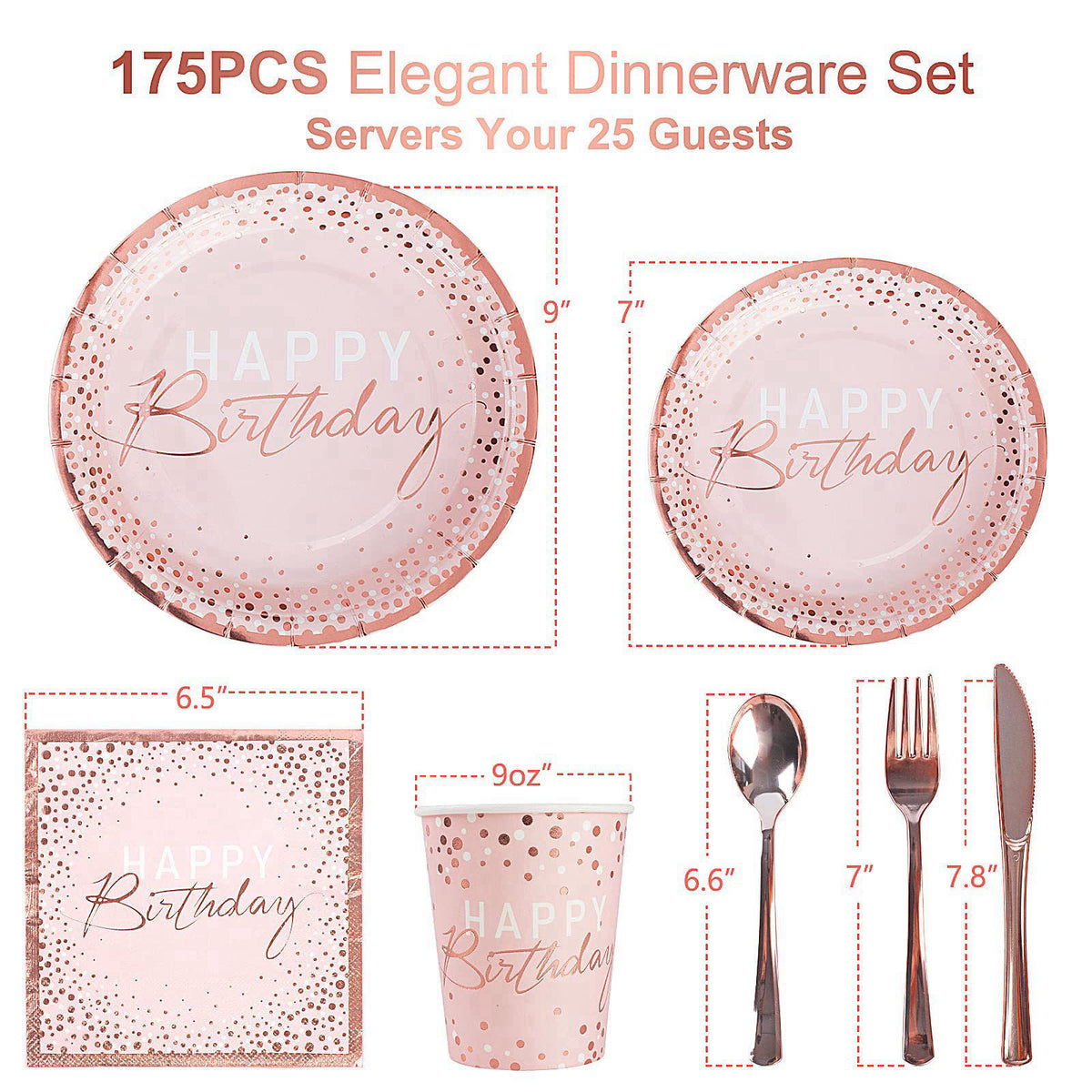Tyzarglef 175PCS Pink and Rose Gold Birthday Paper Plates Dinnerware Set, Serve 25 – packaging and label
