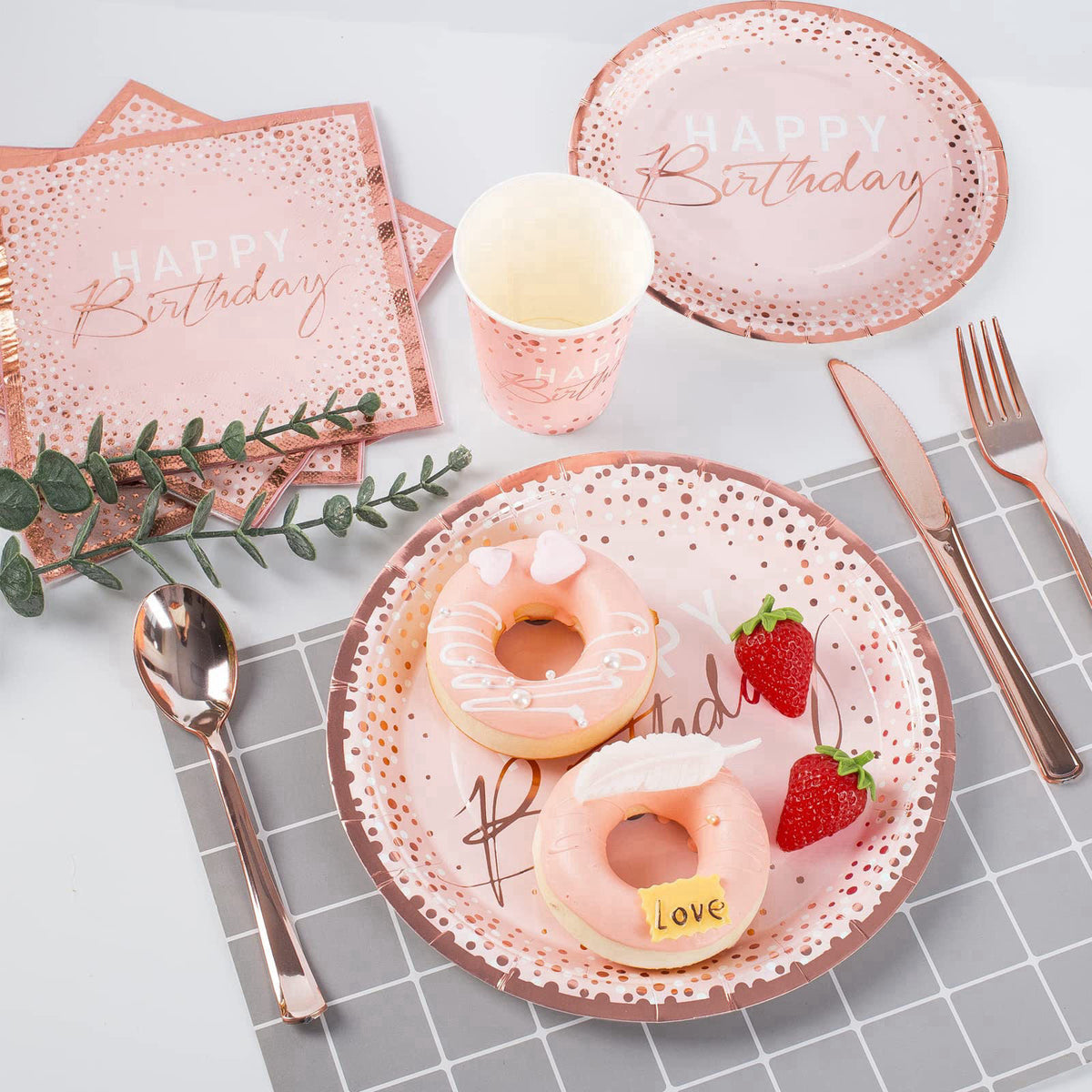 Tyzarglef 175PCS Pink and Rose Gold Birthday Paper Plates Dinnerware Set, Serve 25 – back view and specifications