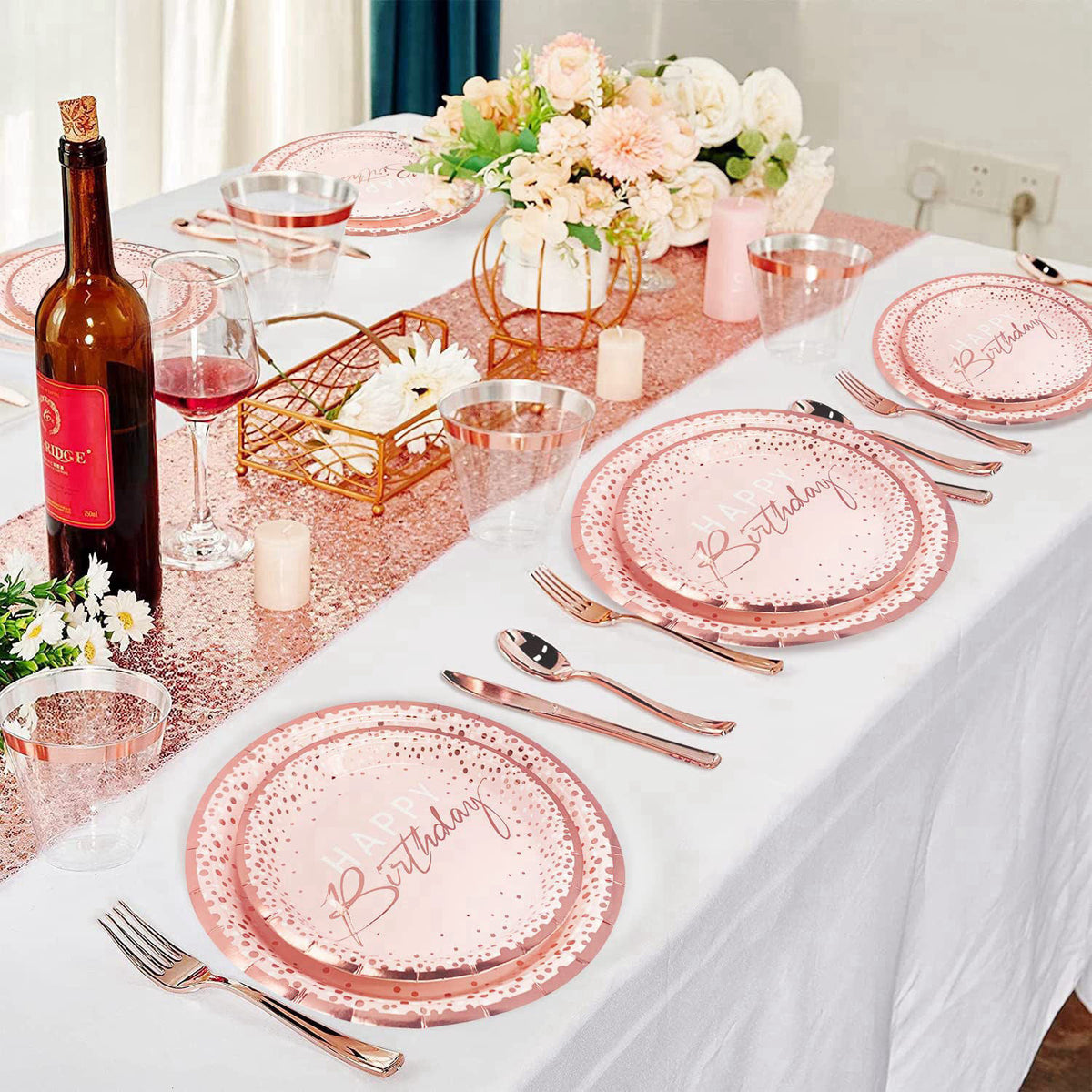 Tyzarglef 175PCS Pink and Rose Gold Birthday Paper Plates Dinnerware Set, Serve 25 – alternate angle