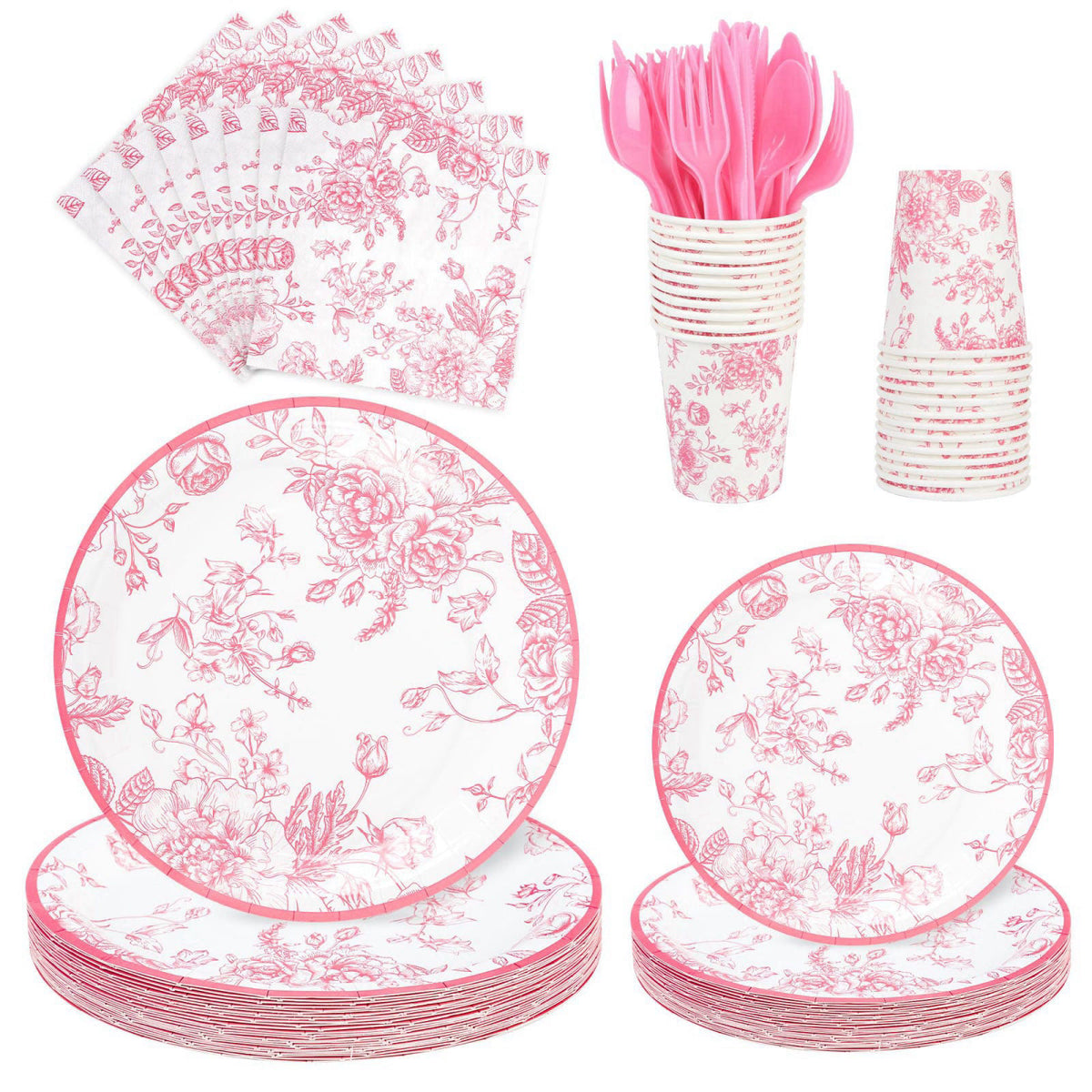 Elyxio 175Pcs Pink Floral Paper Plates and Napkins 25 Guests Pink White Toile Chinoiserie Party Supplies Set Include Pla