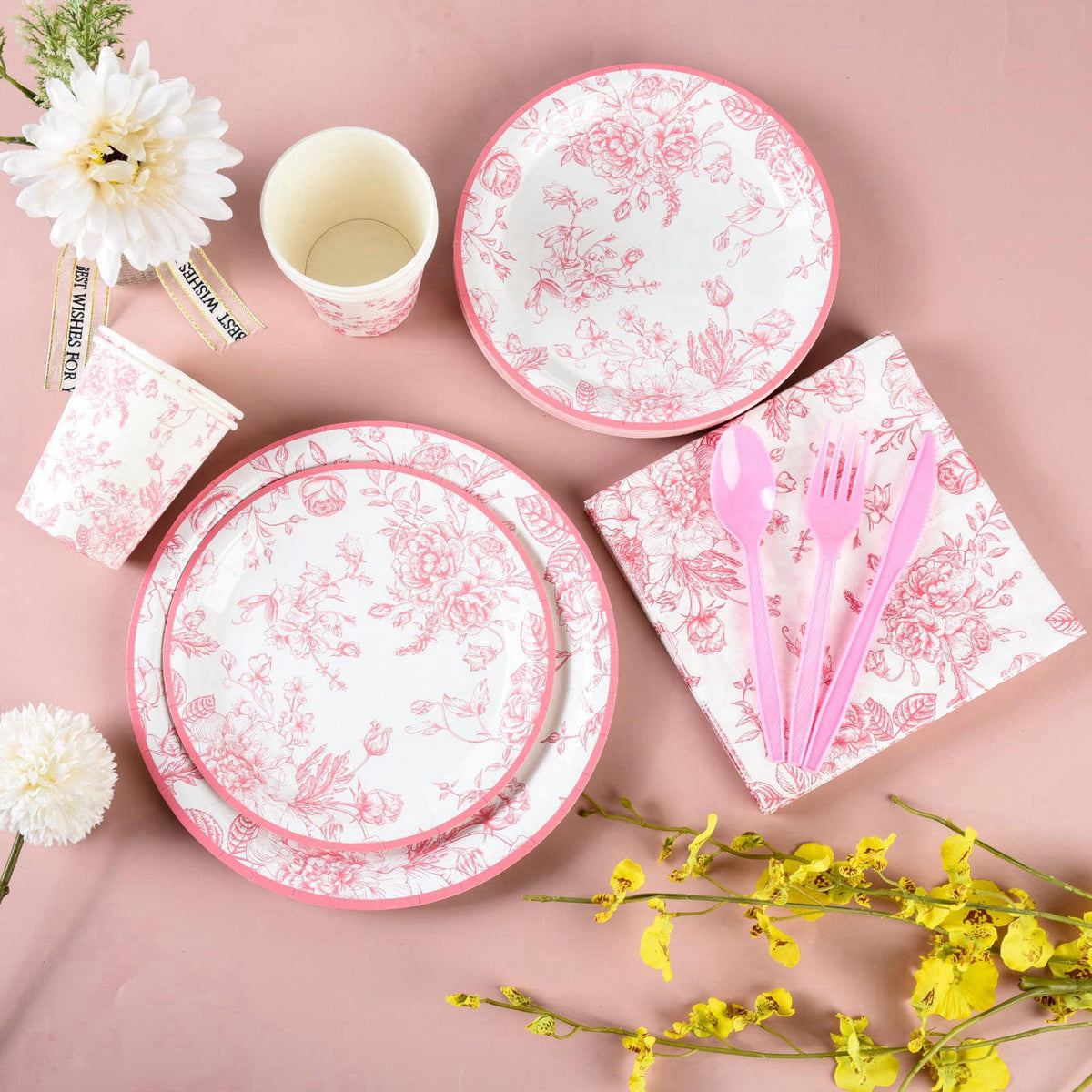 Elyxio 175Pcs Pink Floral Paper Plates and Napkins 25 Guests Pink White Toile Chinoiserie Party Supplies Set Include Pla