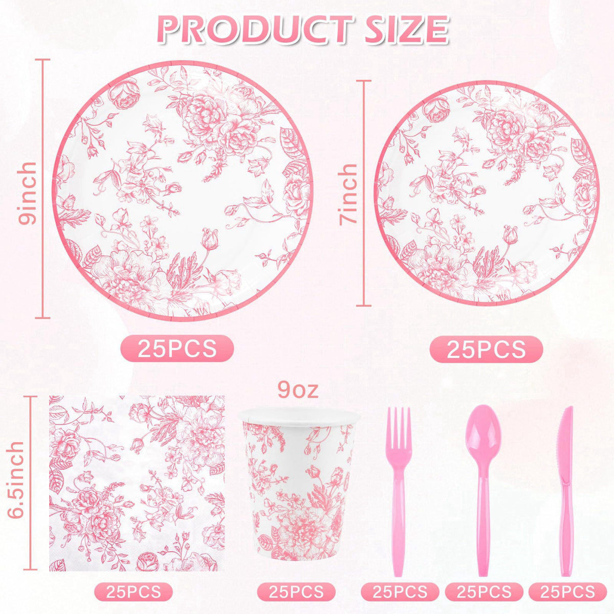 Elyxio 175Pcs Pink Floral Paper Plates and Napkins 25 Guests Pink White Toile Chinoiserie Party Supplies Set Include Pla