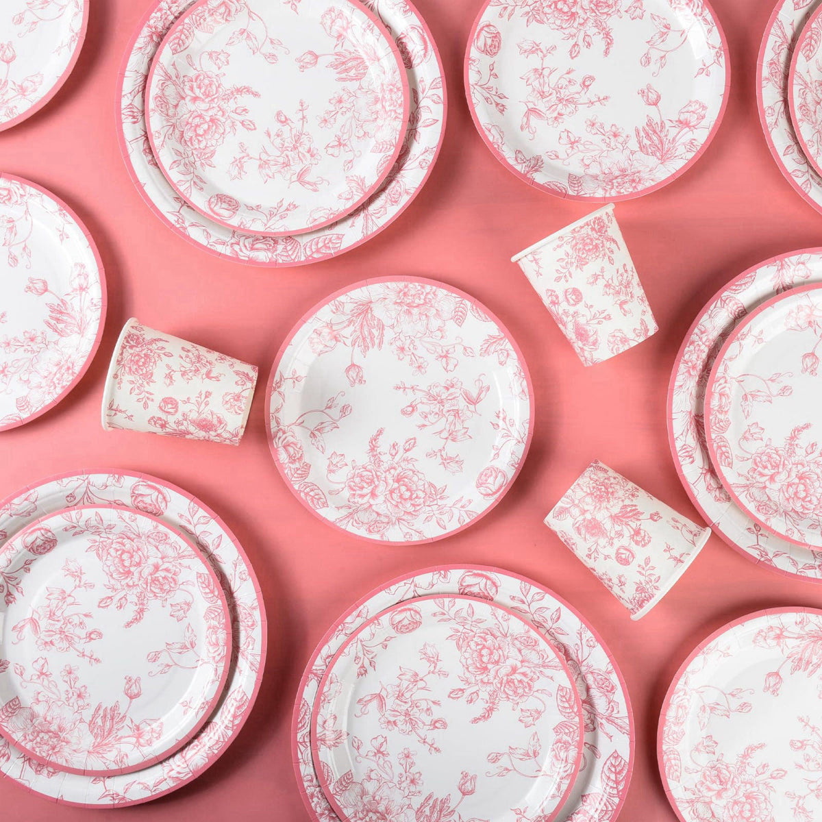 Elyxio 175Pcs Pink Floral Paper Plates and Napkins 25 Guests Pink White Toile Chinoiserie Party Supplies Set Include Pla