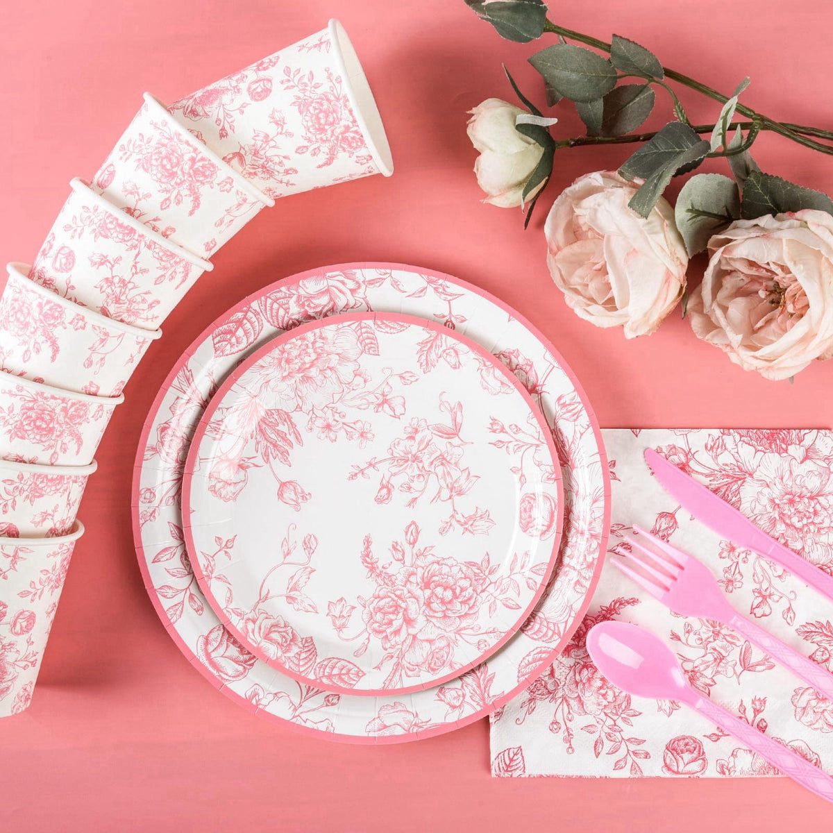 Elyxio 175Pcs Pink Floral Paper Plates and Napkins 25 Guests Pink White Toile Chinoiserie Party Supplies Set Include Pla