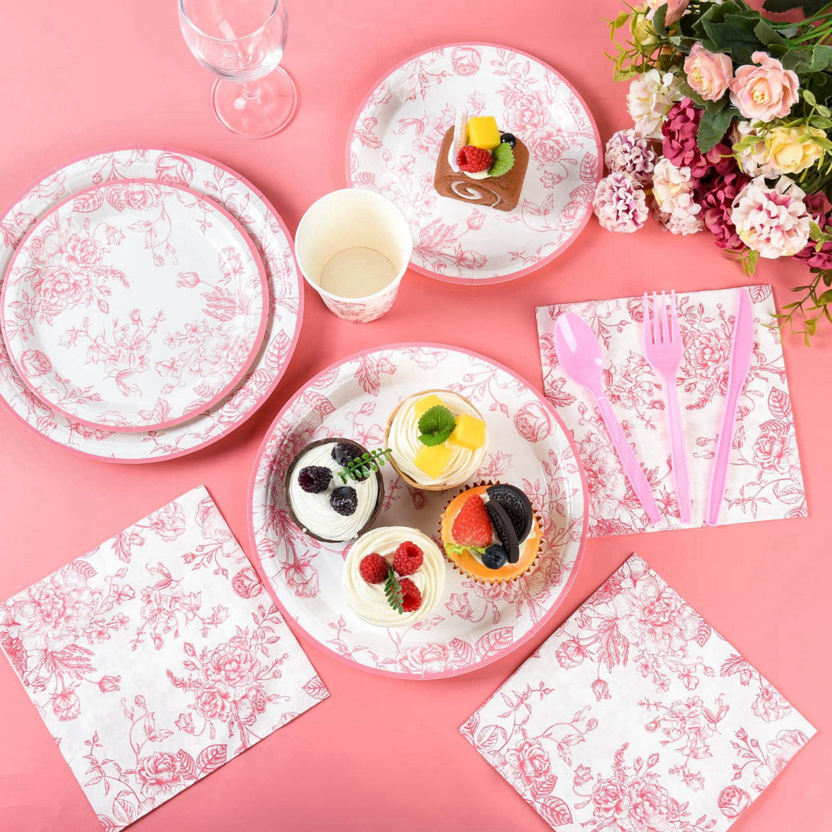 Elyxio 175Pcs Pink Floral Paper Plates and Napkins 25 Guests Pink White Toile Chinoiserie Party Supplies Set Include Pla