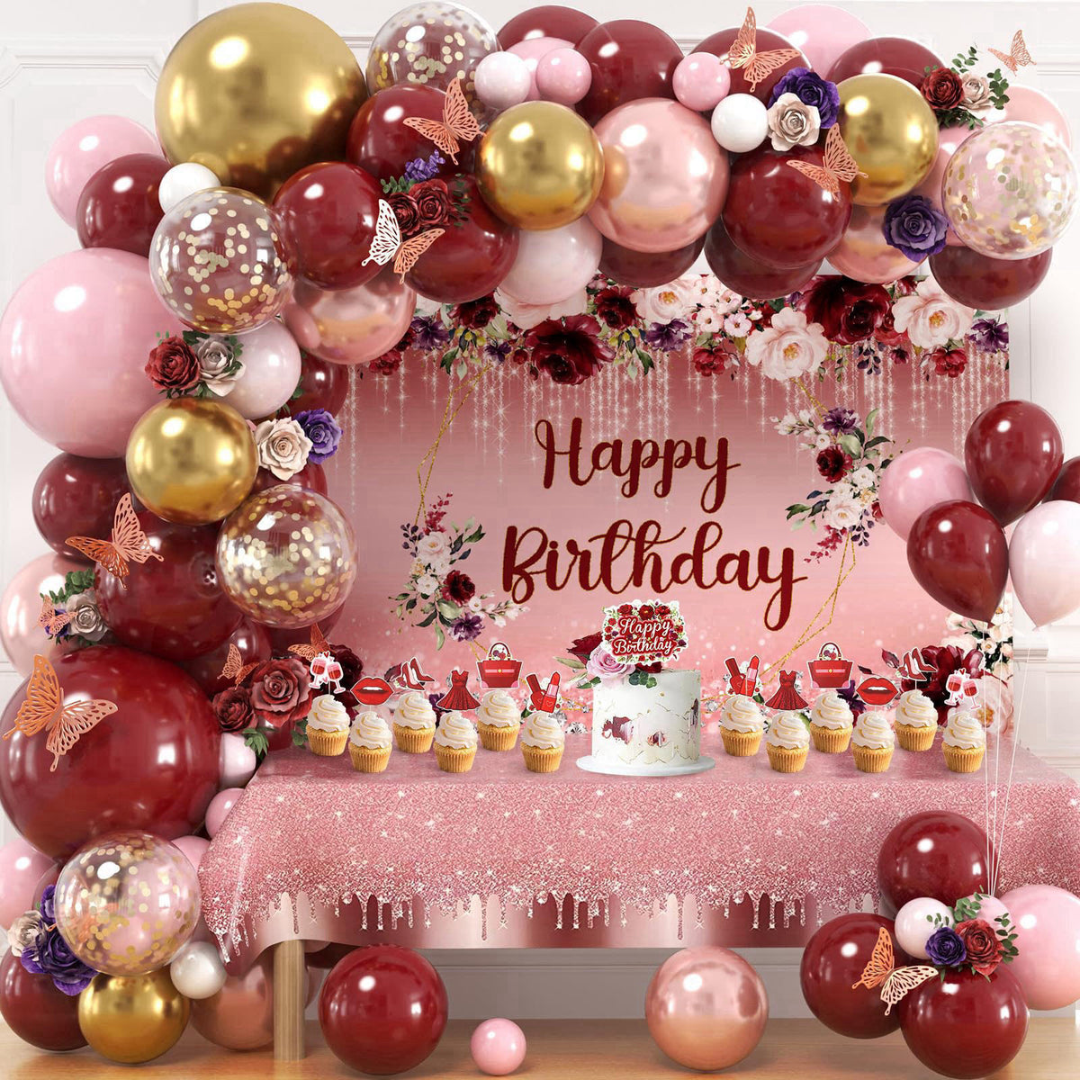 Golray 167Pcs Happy Birthday Decorations for Women with Butterfly Sticker Cupcake Toppers, Burgundy Balloon Arch Kit Mar