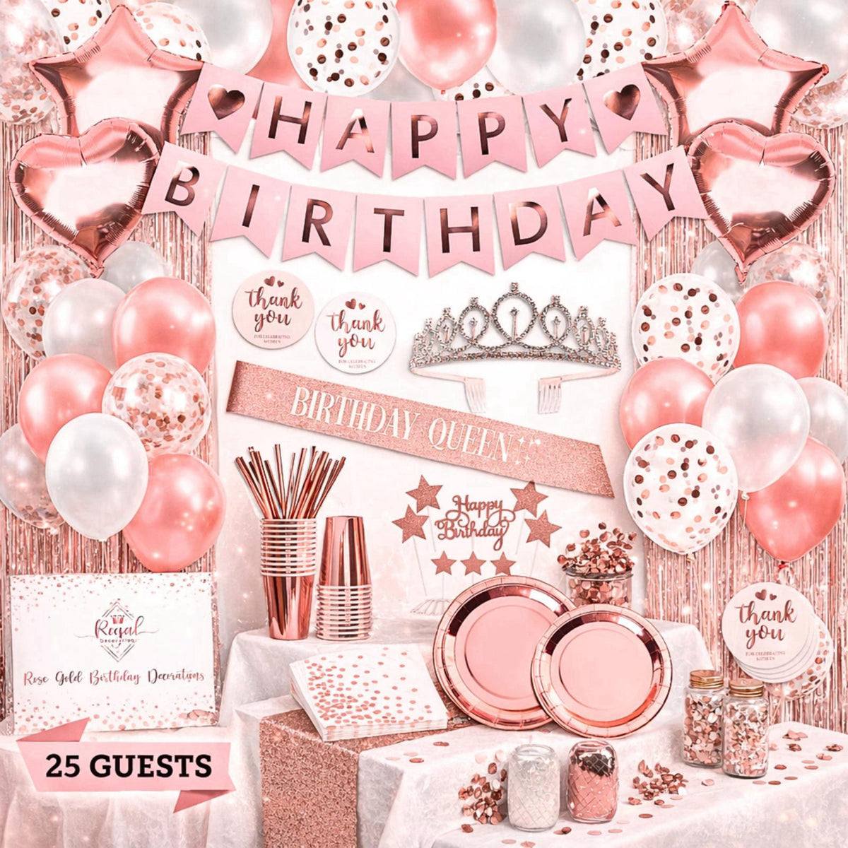 REGAL DECORATIONS 225 PC Rose Gold Birthday Party Decorations Kit for Girls, Teens, Women - Happy Birthday Banner, Curta