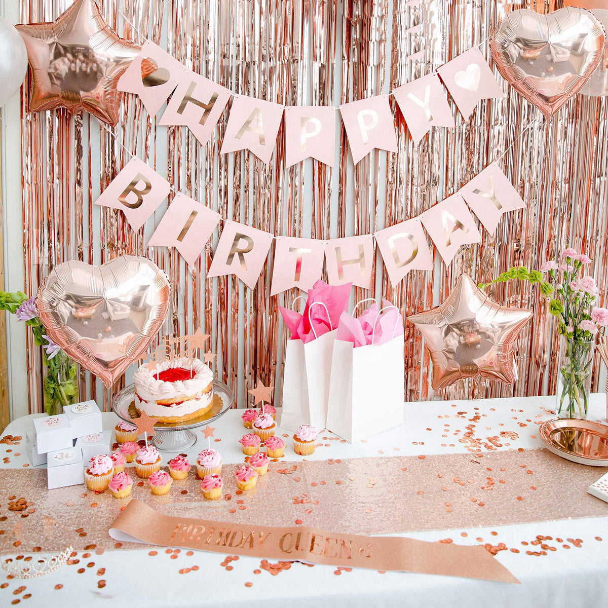 REGAL DECORATIONS 225 PC Rose Gold Birthday Party Decorations Kit for Girls, Teens, Women - Happy Birthday Banner, Curta
