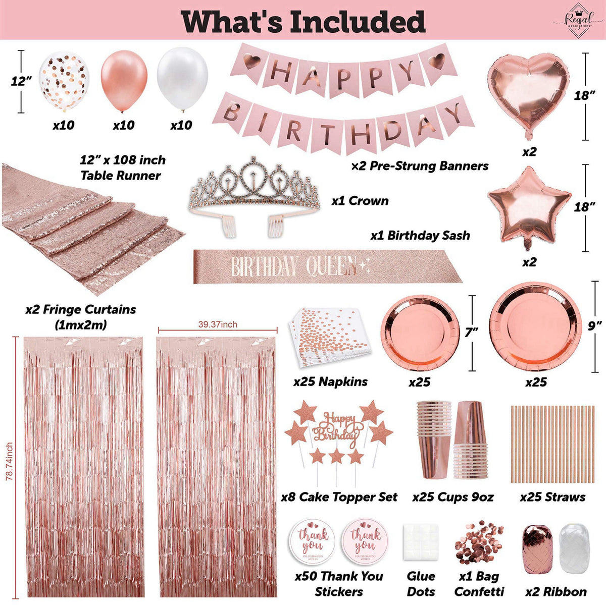 REGAL DECORATIONS 225 PC Rose Gold Birthday Party Decorations Kit for Girls, Teens, Women - Happy Birthday Banner, Curta