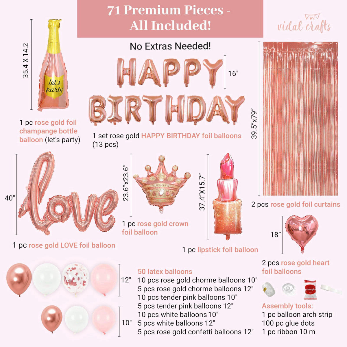 Vidal Crafts for a perfect party Vidal Crafts Pink Birthday Decorations – 71-Piece Happy Birthday Decorations with Latex