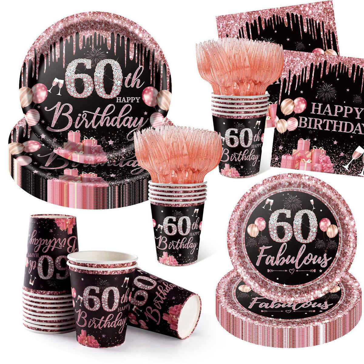 Yaniio 250PCS 60th Birthday Party Decorations for 50 Guests Black and Rose Gold Party Supplies for Women Include Disposa